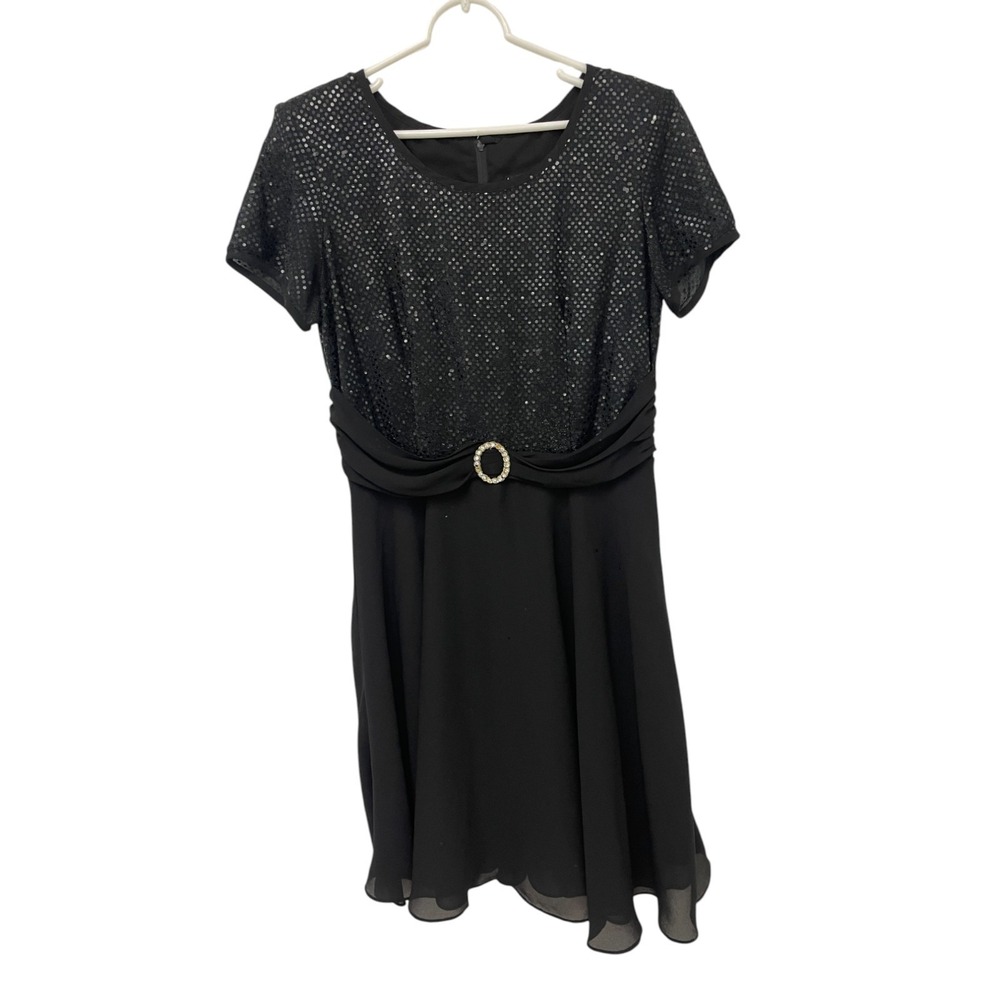 Molly Malloy Formal Cocktail Mini Dress Womens Size 14 Black Sequin Short Sleeve